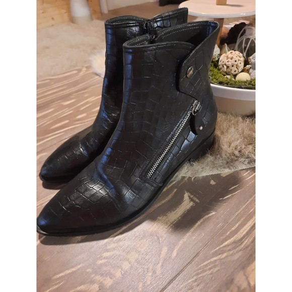 Napoleoni Croc Embossed Italian Leather Ankle Boot Black Sz 39 - Picture 1 of 9
